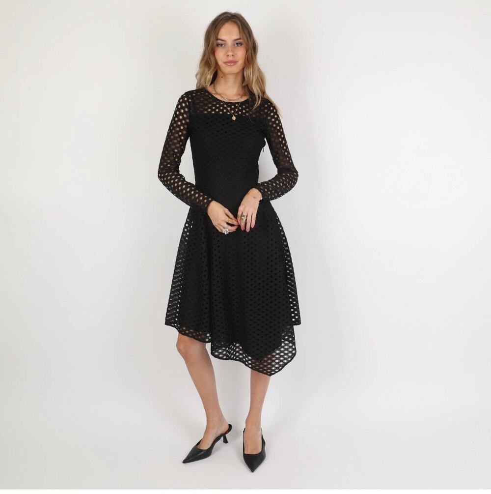 Maje Rana Black Eyelet Lace Semi Sheer Midi Dress size 1/ US XS